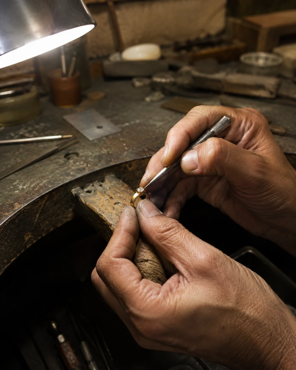 Master jeweller setting a diamond by hand